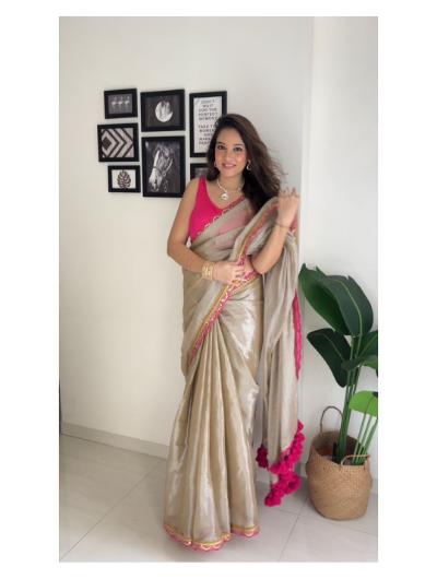 Pink and Beige Tissue Silk Saree with Lace Border