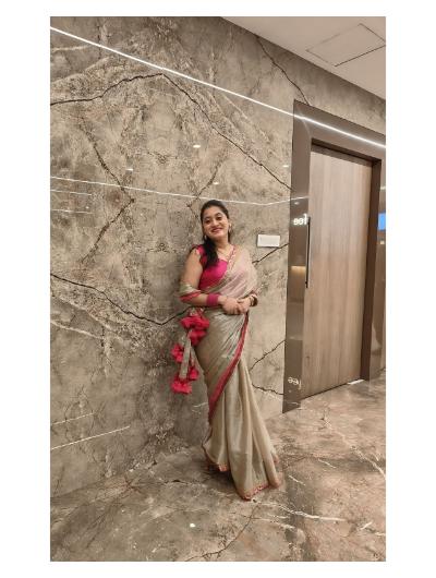 Pink and Beige Tissue Silk Saree with Lace Border