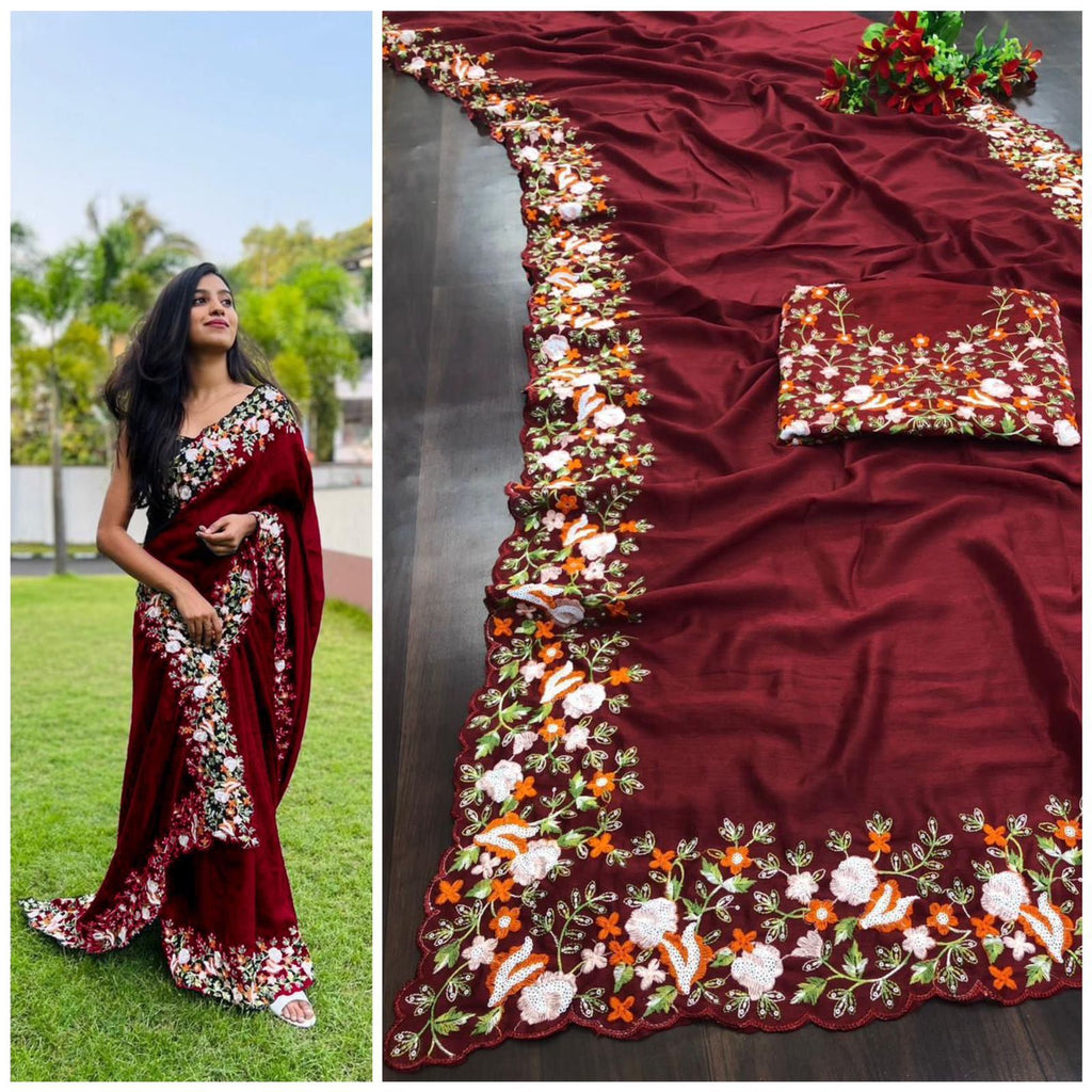  Silk Saree with Sequence and cutwork Border