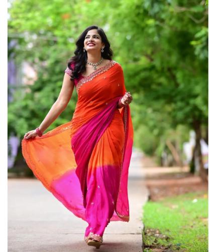 Pink Silk C-Pallu Sequence & Zari Work Saree