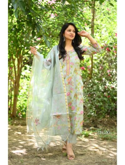 Green Floral Print Cotton Kurti Pant and Dupatta Set of 3