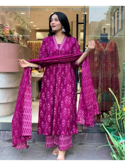 Pink Cotton Embroidered Kurti, Pant and Dupatta Set of 3