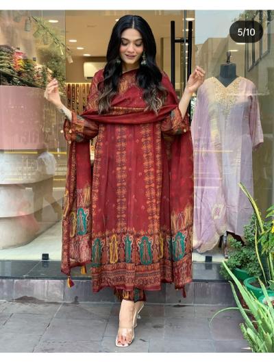 Maroon Chiffon Anarkali Kurti, Pant and Organza Dupatta Set of 3