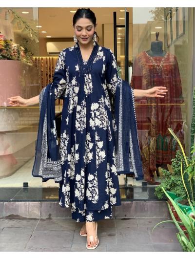 Blue Cotton Kurti, Pant and Mulmul Dupatta Set of 3