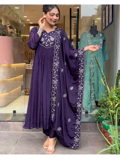 Purple Rayon Anarkali Kurti, Pant and Dupatta (Set of 3)