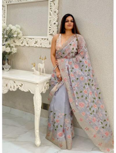 Grey Silk Heavy Thread and Motifs Embroidered Saree