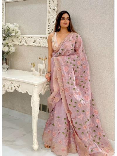 Pink Silk Heavy Thread and Motifs Embroidered Saree