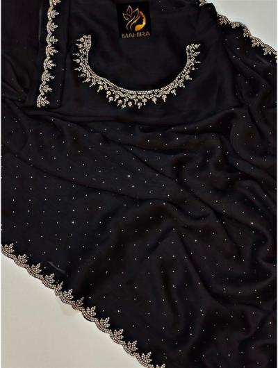 Black Chinnon Crepe Diamond Work Saree