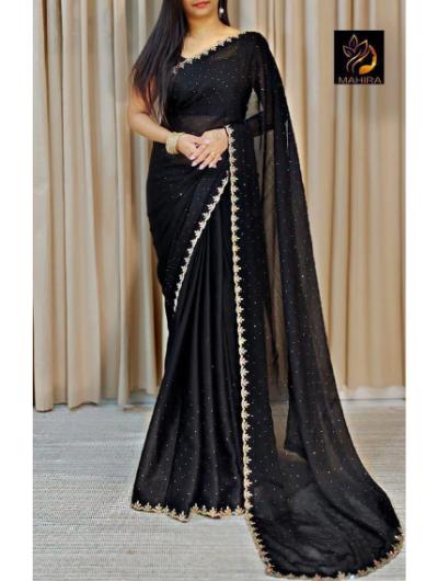 Black Chinnon Crepe Diamond Work Saree