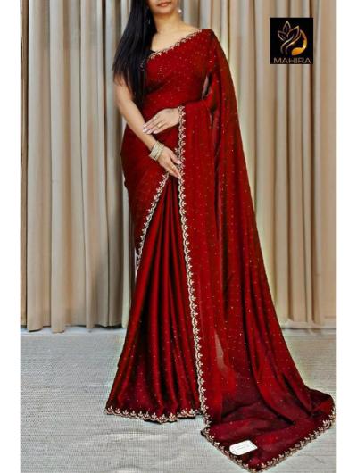 Maroon Chinnon Crepe Diamond Work Saree 