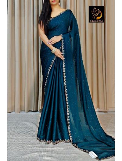 Teal Blue Chinnon Crepe Diamond Work Saree