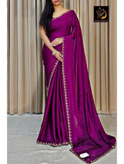 Wine Chinnon Crepe Diamond Work Saree