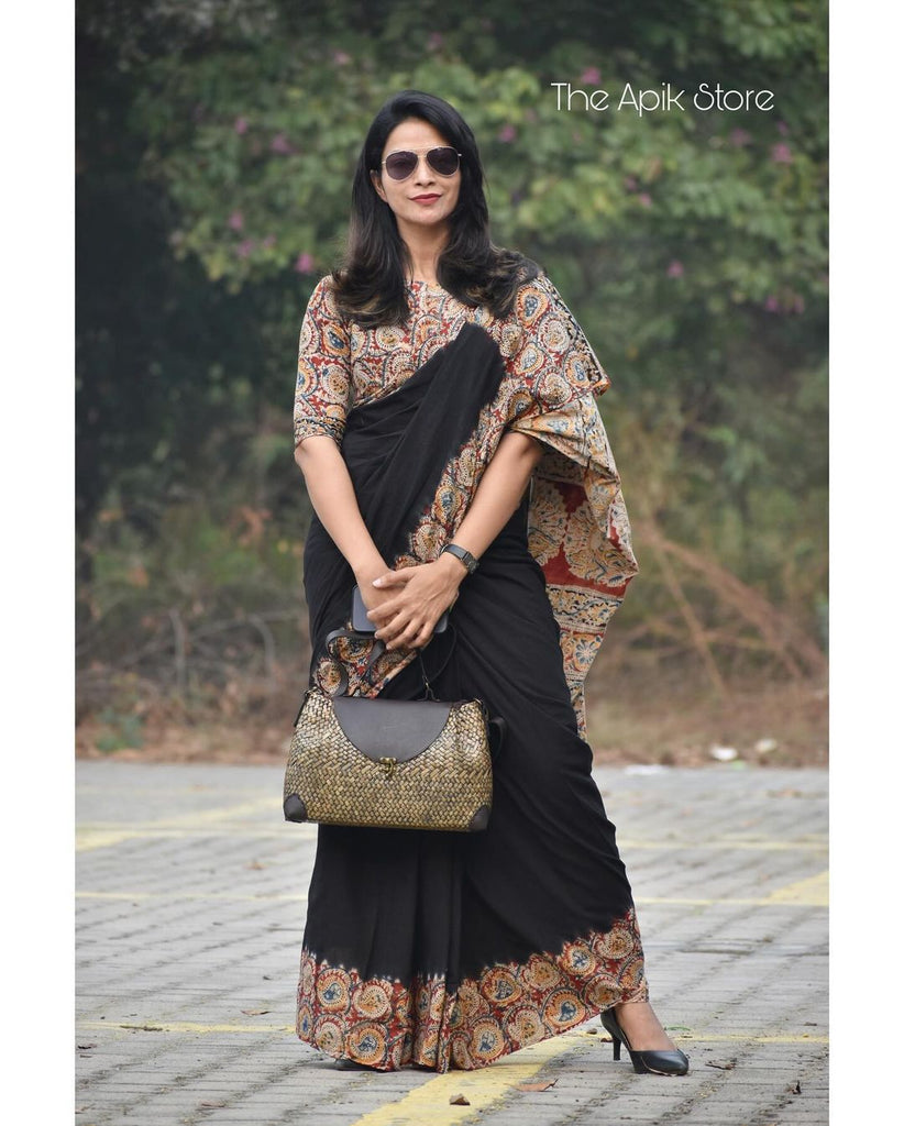 Black Kalamkari Chanderi Cotton Printed Saree