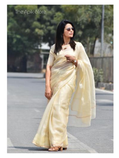 Beige Kota Doria Golden Border Silk Saree