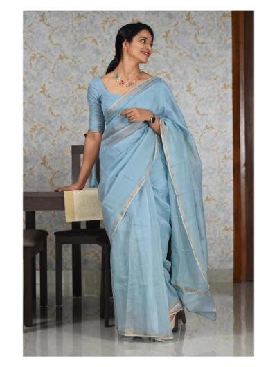 Grey Kota Doria Golden Border Silk Saree