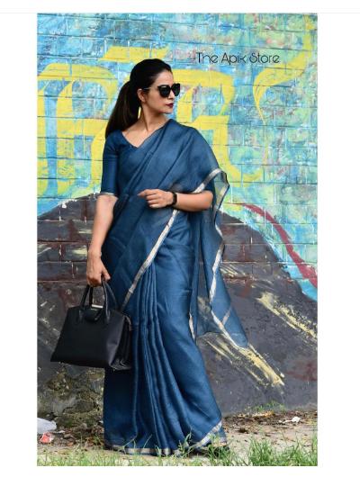 Teal Blue Kota Doria Golden Border Silk Saree