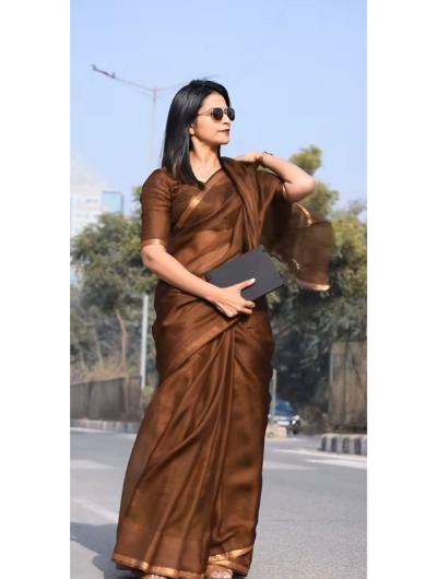 Brown Kota Doria Golden Border Silk Saree