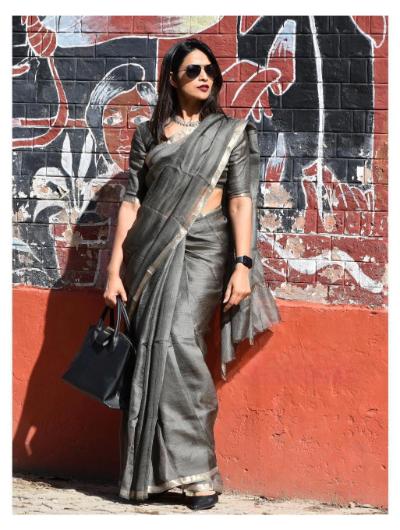 Grey Kota Doria Golden Border Silk Saree