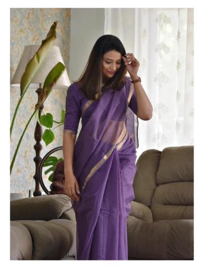 Purple Kota Doria Golden Border Silk Saree