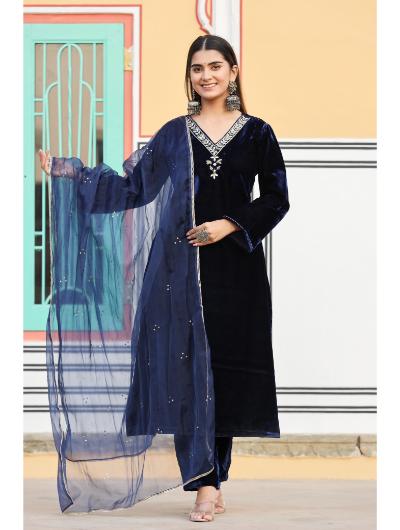 Blue Velvet Kurti, Pant and Organza Dupatta (Set of 3)