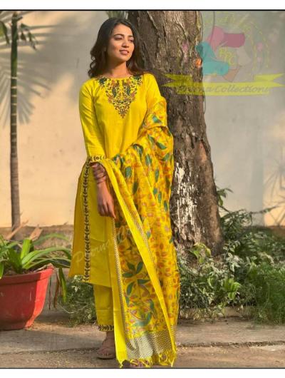 Yellow Embroidered Kurti, Pant and Dupatta (Set of 3)