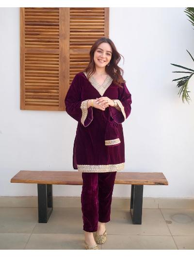 Maroon Velvet Kurti and Pant Set of 2