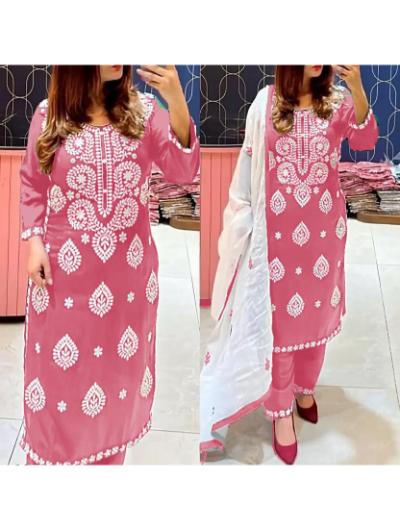 Pink Chikan Embroidered Kurti, Pant and Chanderi Dupatta (Set of 3)