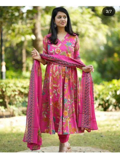 Pink Cotton Anarkali Kurti, Pant and Mulmul Dupatta (Set of 3)