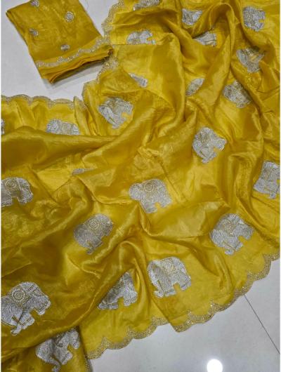  Crush Tissue Yellow Embroidered Saree With Diamond Cut Work