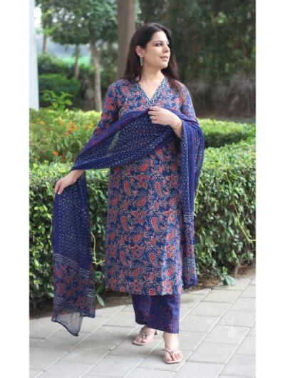 Blue Cotton Kurti, Pant and Dupatta (Set of 3)