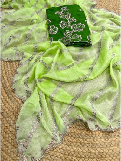 Green Moss Chiffon With Multi Embroidered Saree