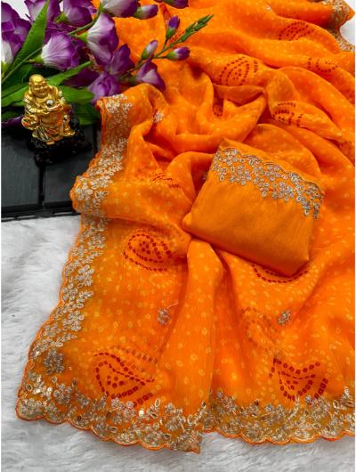 Yellow Bandhani Chiffon Silk Saree With Embroidery