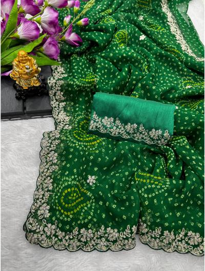 Green Bandhani Chiffon Silk Saree With Embroidery