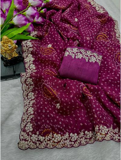 Wine Bandhani Chiffon Silk Saree With Embroidery