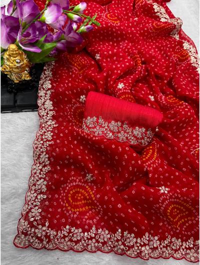 Red Bandhani Chiffon Silk Saree With Embroidery