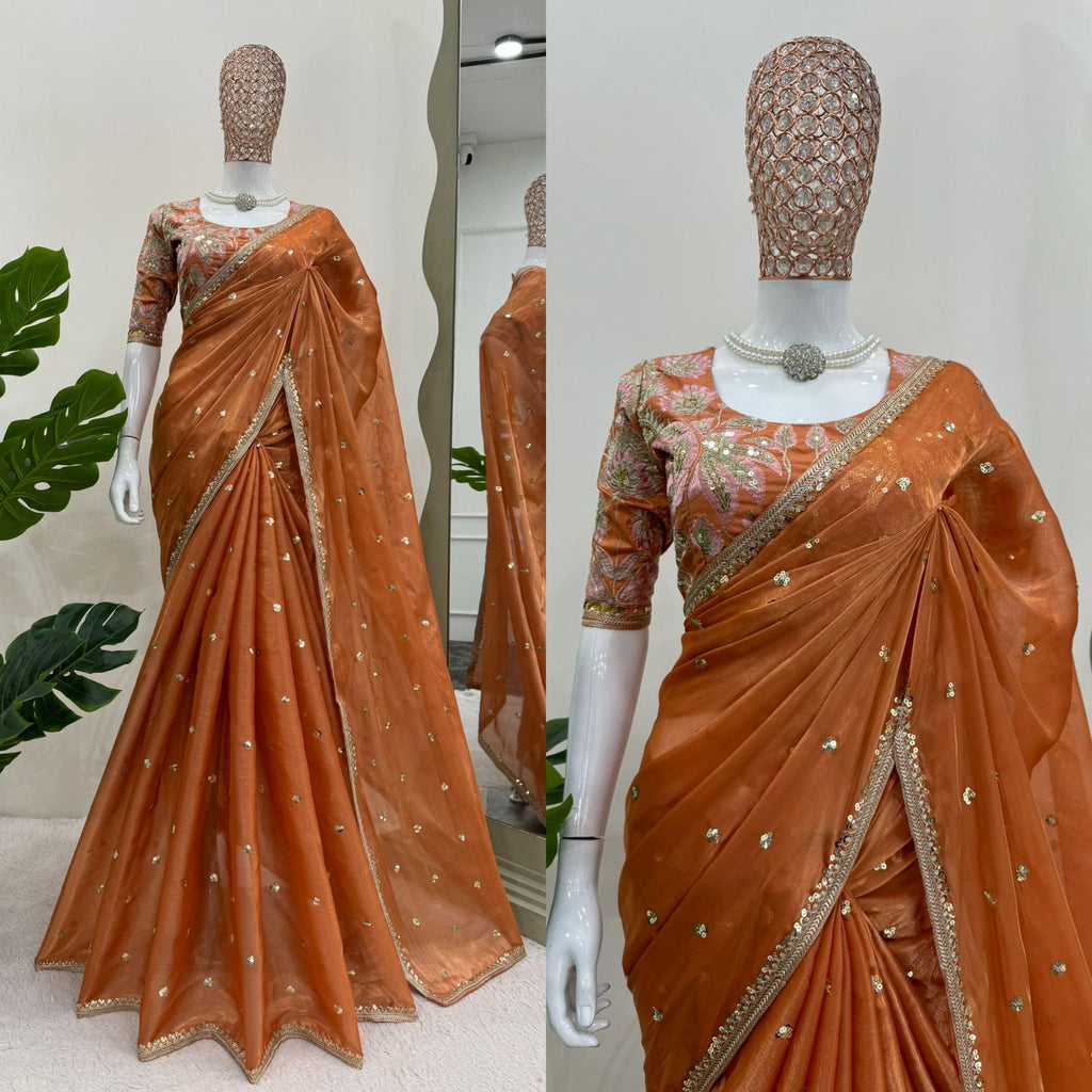 Orange Thread Work and Sequence Saree