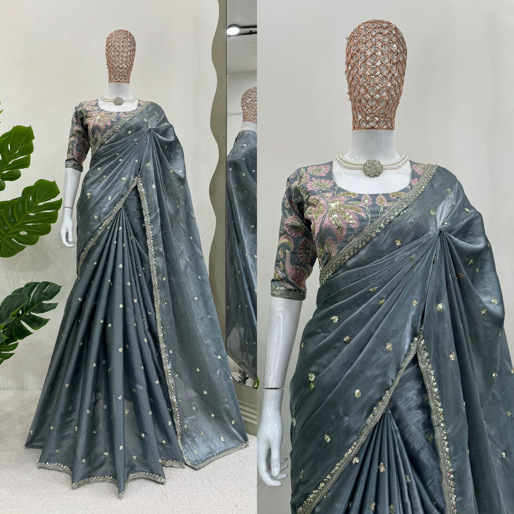 Grey Thread Work and Sequence Saree