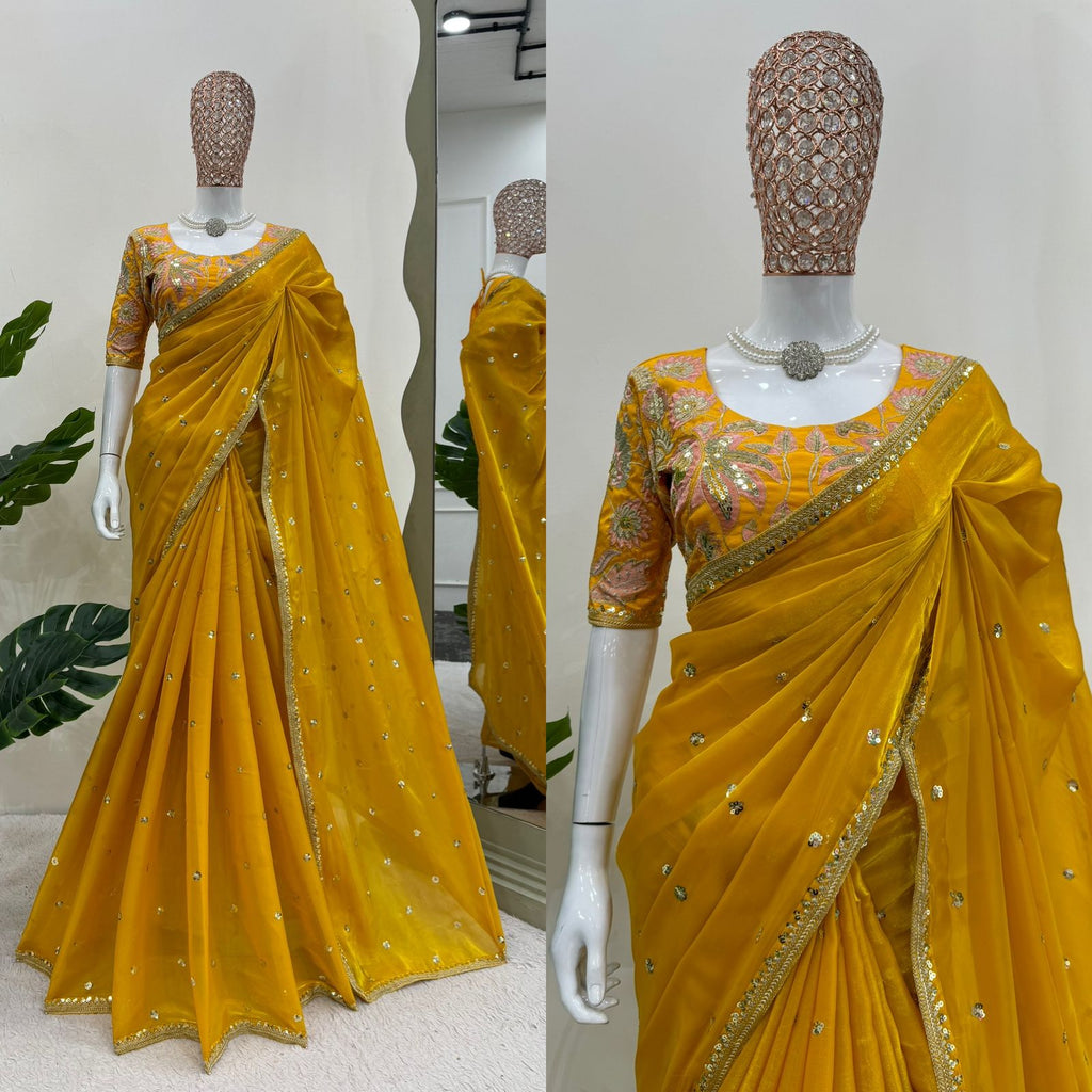 Yellow Thread Work and Sequence Saree