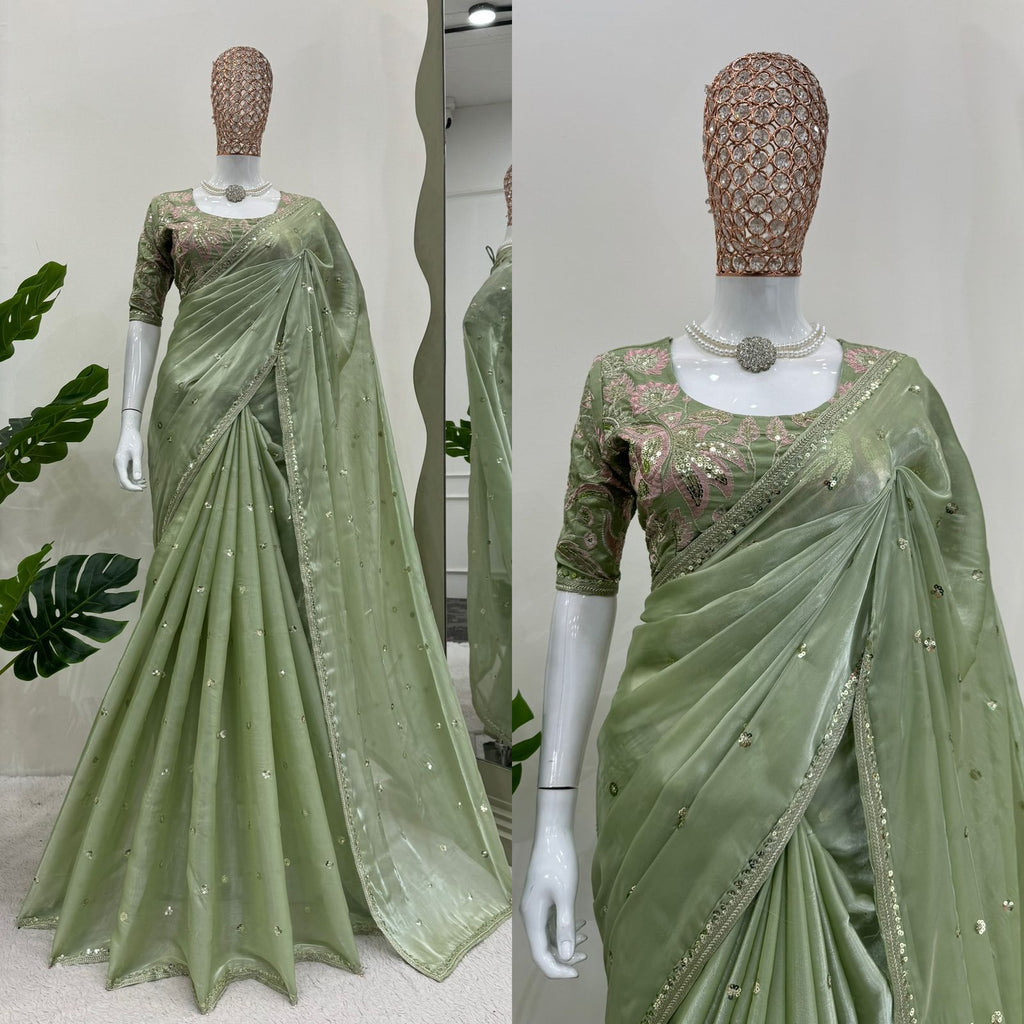 Green Thread Work and Sequence Saree