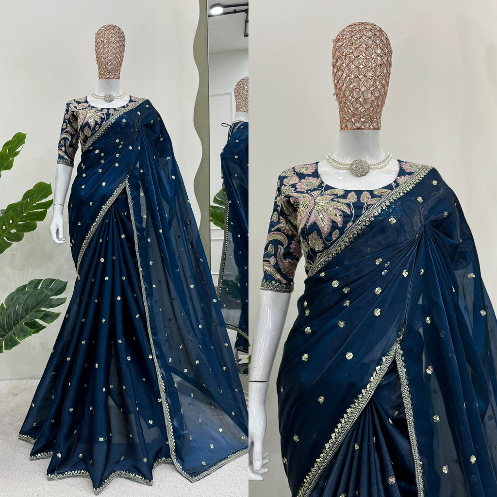 Blue Thread Work and Sequence Saree