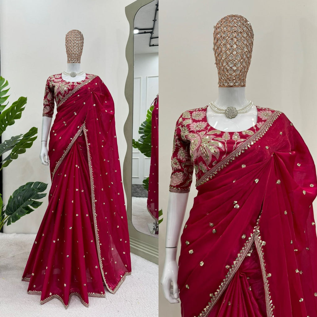 Red Thread Work and Sequence Saree