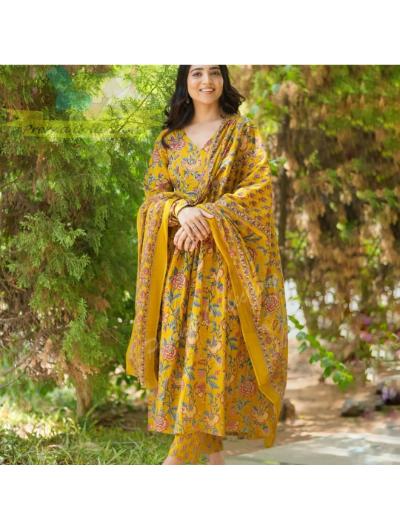 Mustard Cotton Anarkali Kurti, Pant and Dupatta (Set of 3)