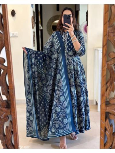 Blue Cotton Anarkali Kurti, Pant and Mulmul Dupatta (Set of 3)