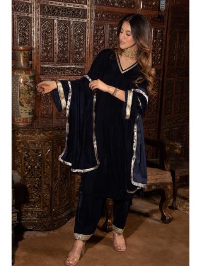 Black Velvet Embroidered Kurti, Pant and Dupatta (Set of 3)