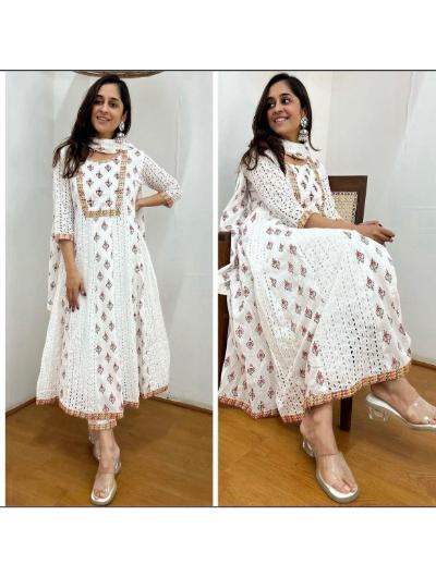 White Chikan Embroidered Anarkali Kurti, Pant and Mulmul Dupatta (Set of 3)