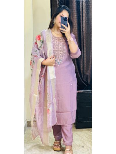 Onion Pink Silk Kurti, Pant and Dupatta (Set of 3)