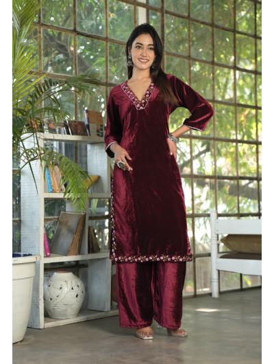 Maroon Velvet Salwar Kameez with Embroidery Set of 2