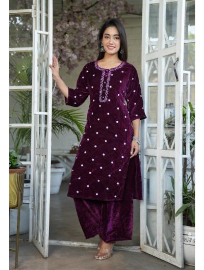 Burgundy Velvet Salwar Kameez with Embroidery Set of 2