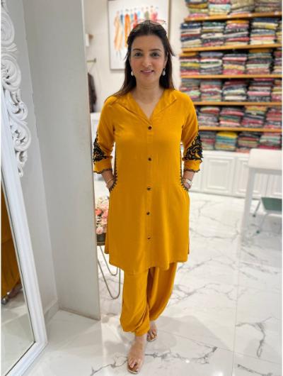 Mustard Rayon Embroidered Kurti and Afghani Palazzo (Set of 2)