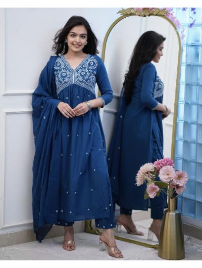 Teal Blue Cotton Embroidered Salwar Kameez and Dupatta (Set of 3)